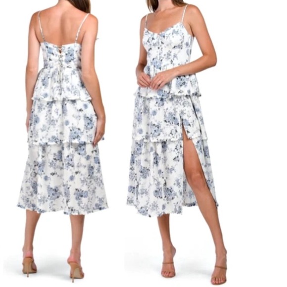 House of Harlow 1960 Floral Maxi Dress Tiered Ruffle Lace Up Back White Blue S House of Harlow 1960 Floral Maxi Dress Tiered Ruffle Lace Up Back White Blue S